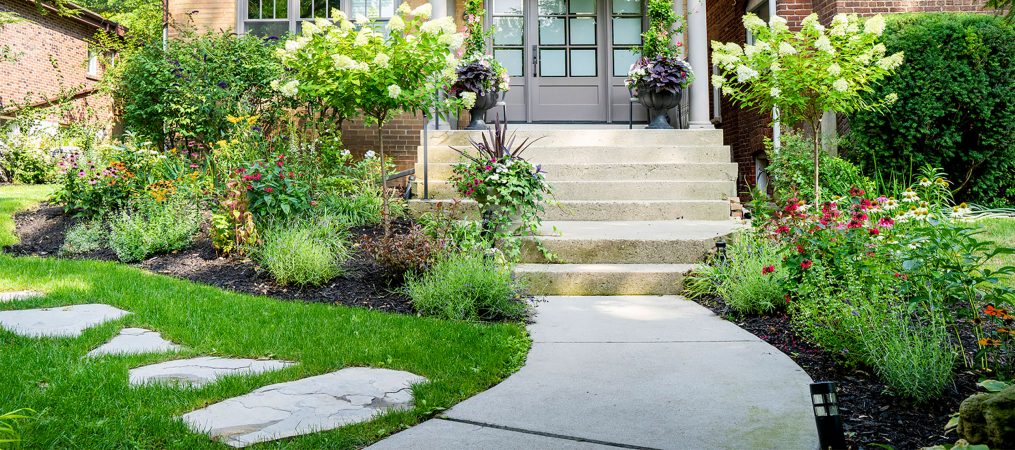 A garden with a pathway leading to front steps surrounded by lush green foliage and vibrant flowers.