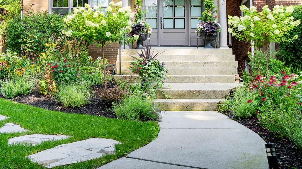 A garden with a pathway leading to front steps surrounded by lush green foliage and vibrant flowers.
