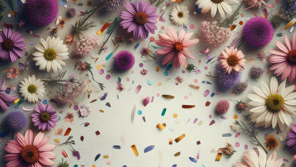 Colourful flowers scattered with confetti. Celebrating Earth and Sole Ltd. 20 years anniversary